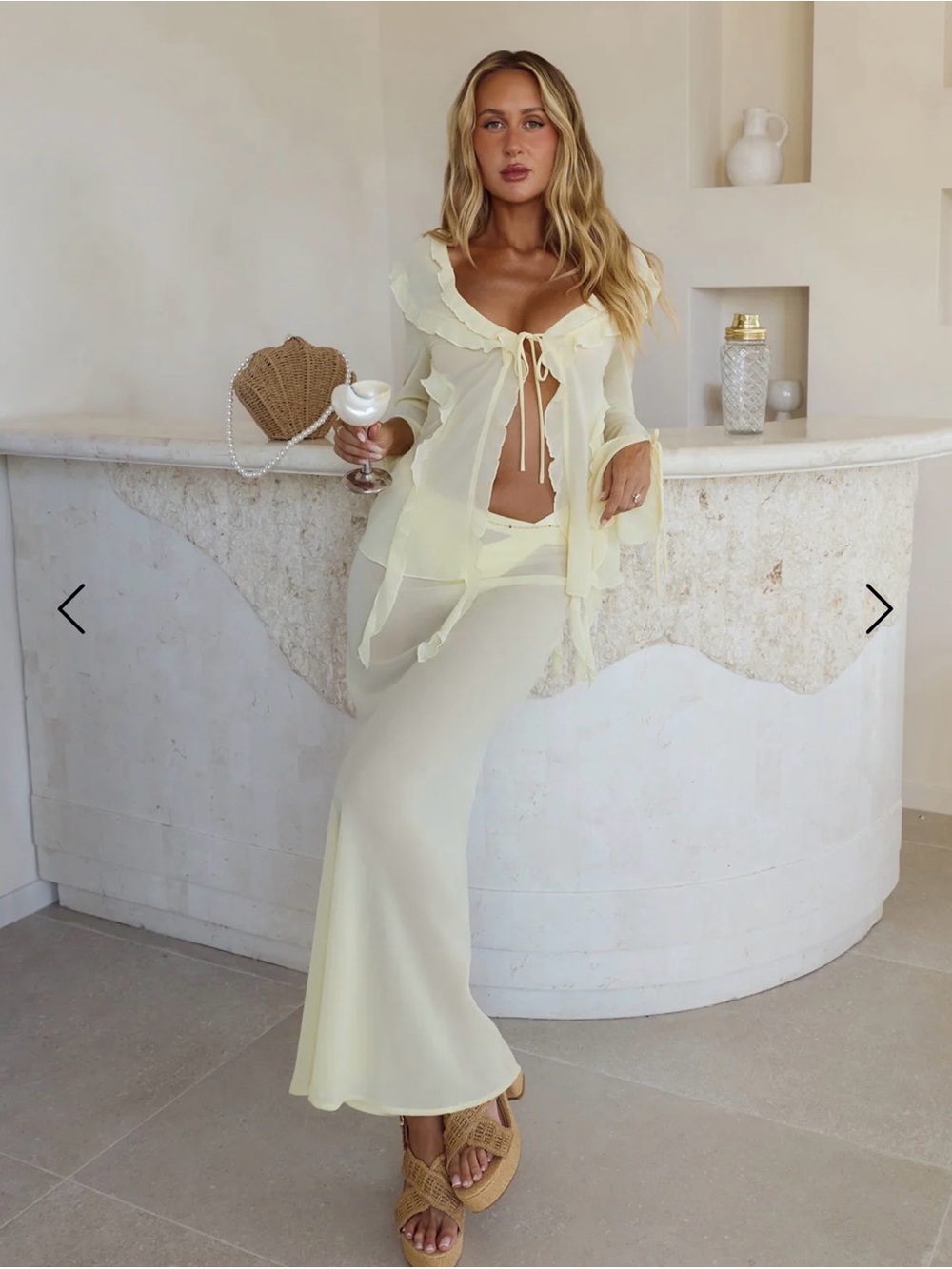 Hello Molly Sheer Ruffle Tie-Front Top & Maxi Skirt Set - Butter Yellow